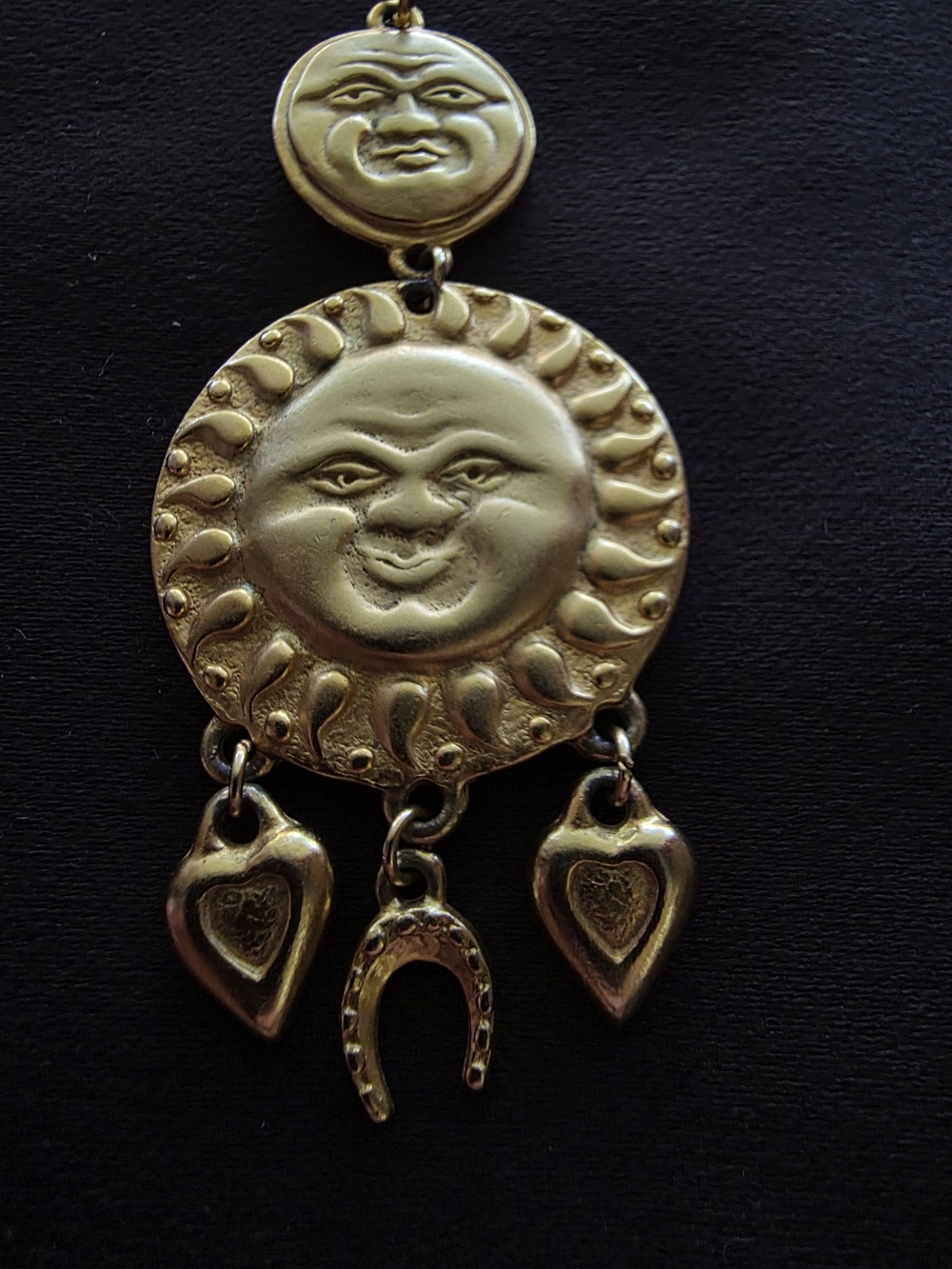 Vintage Whimsigoth Gold Celestial Sun Face Charm Pendant Necklace